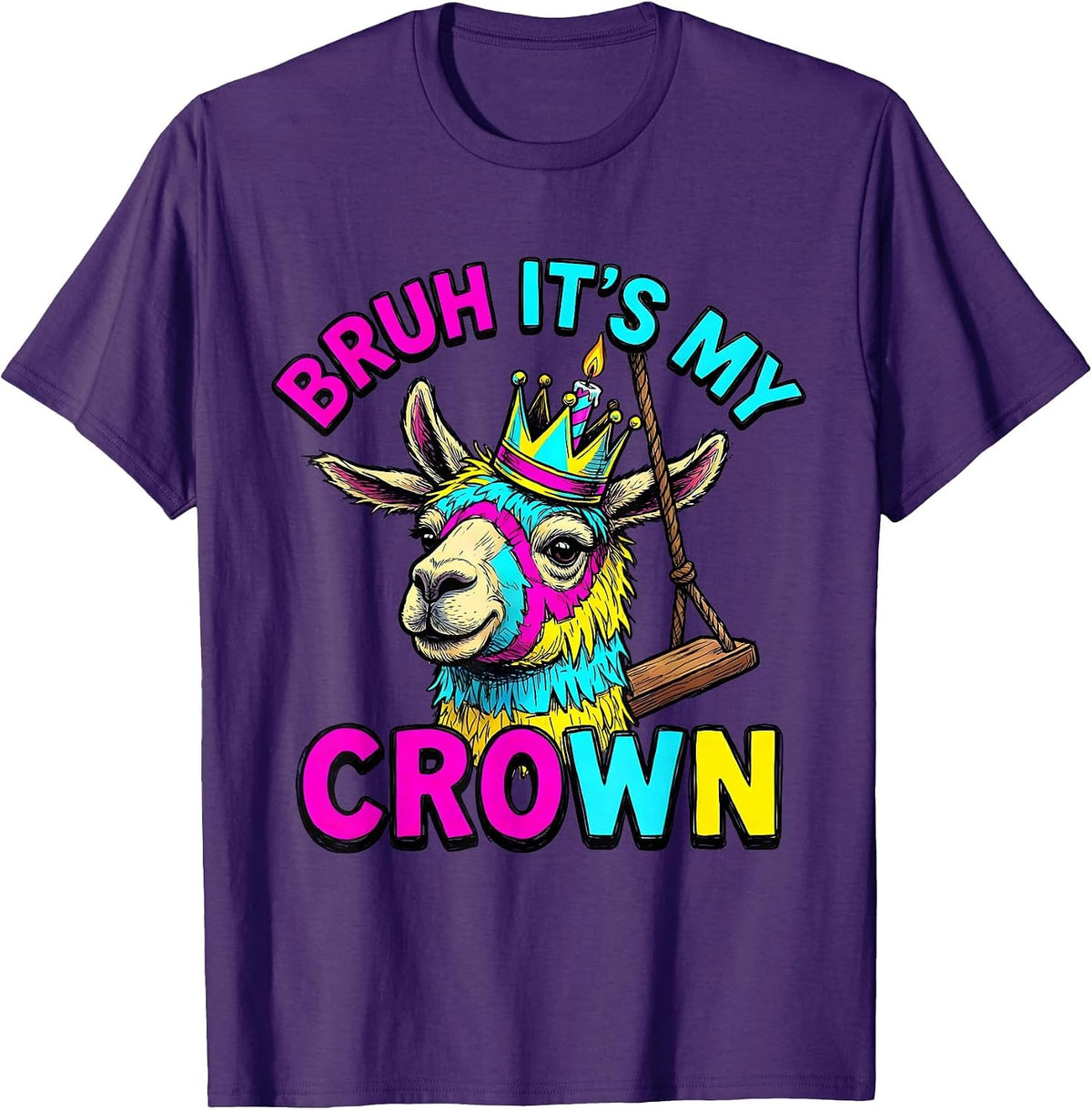 Men's Bruh It's My Crown Funny Llama Piñata Birthday Boy Party T-Shirt - Purple
