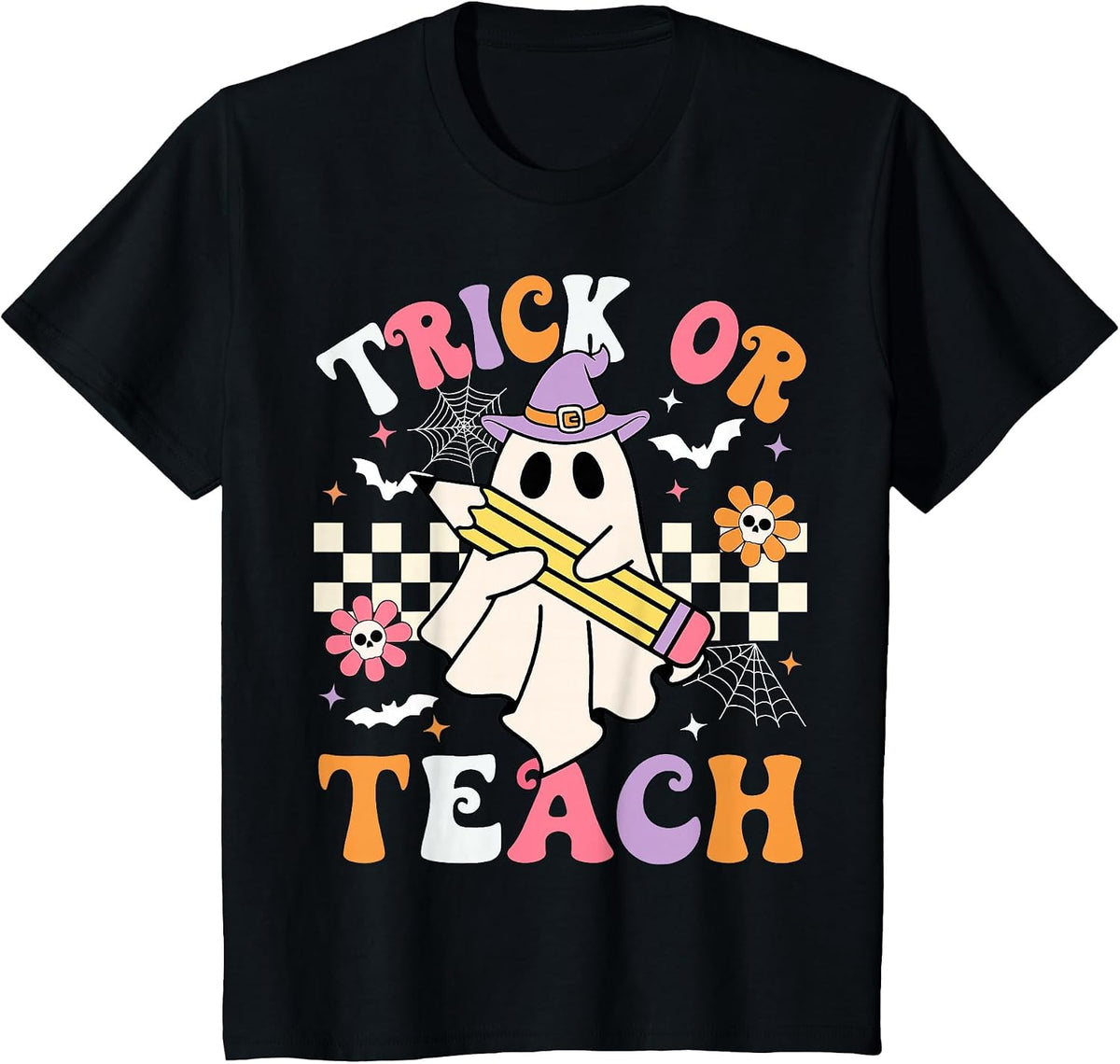 Trick Or Teach Groovy Teacher Halloween Retro Teacher Ghost T-Shirt - Black