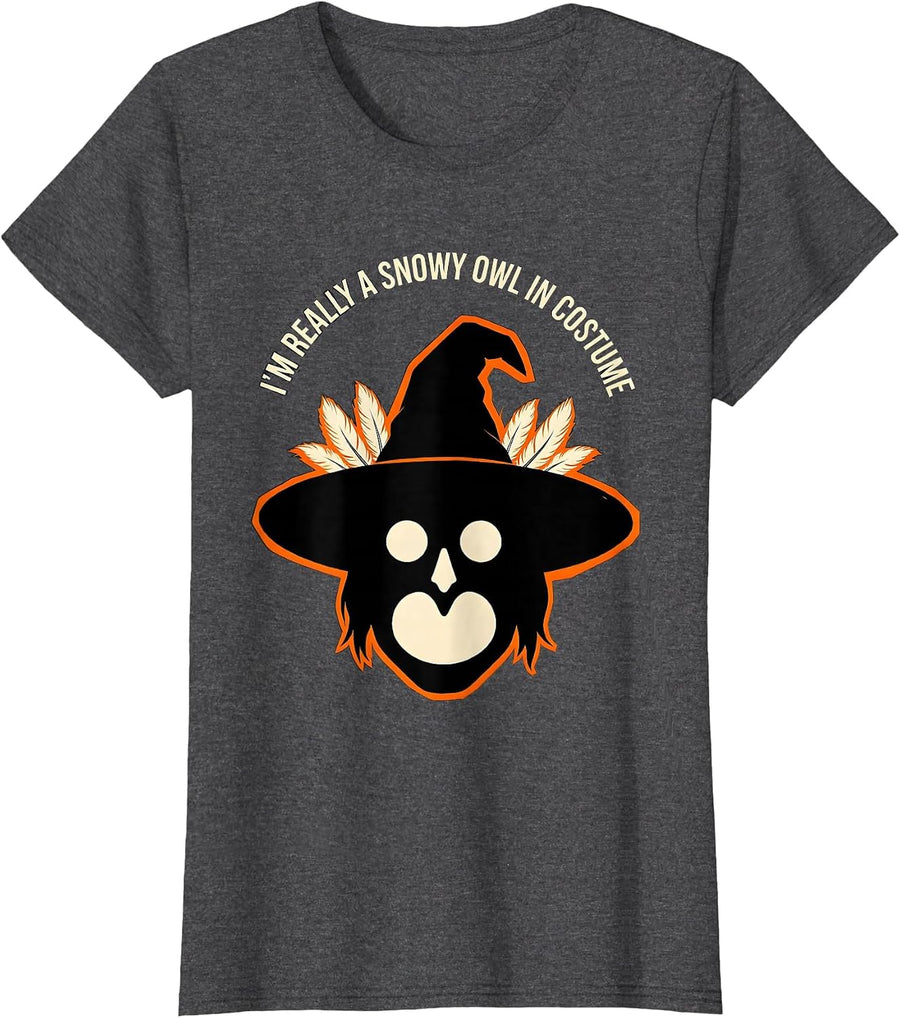 Women's I'm Really A Snowy Owl In Costume Funny Bird Lover Halloween T-Shirt - Dark Heather Grey