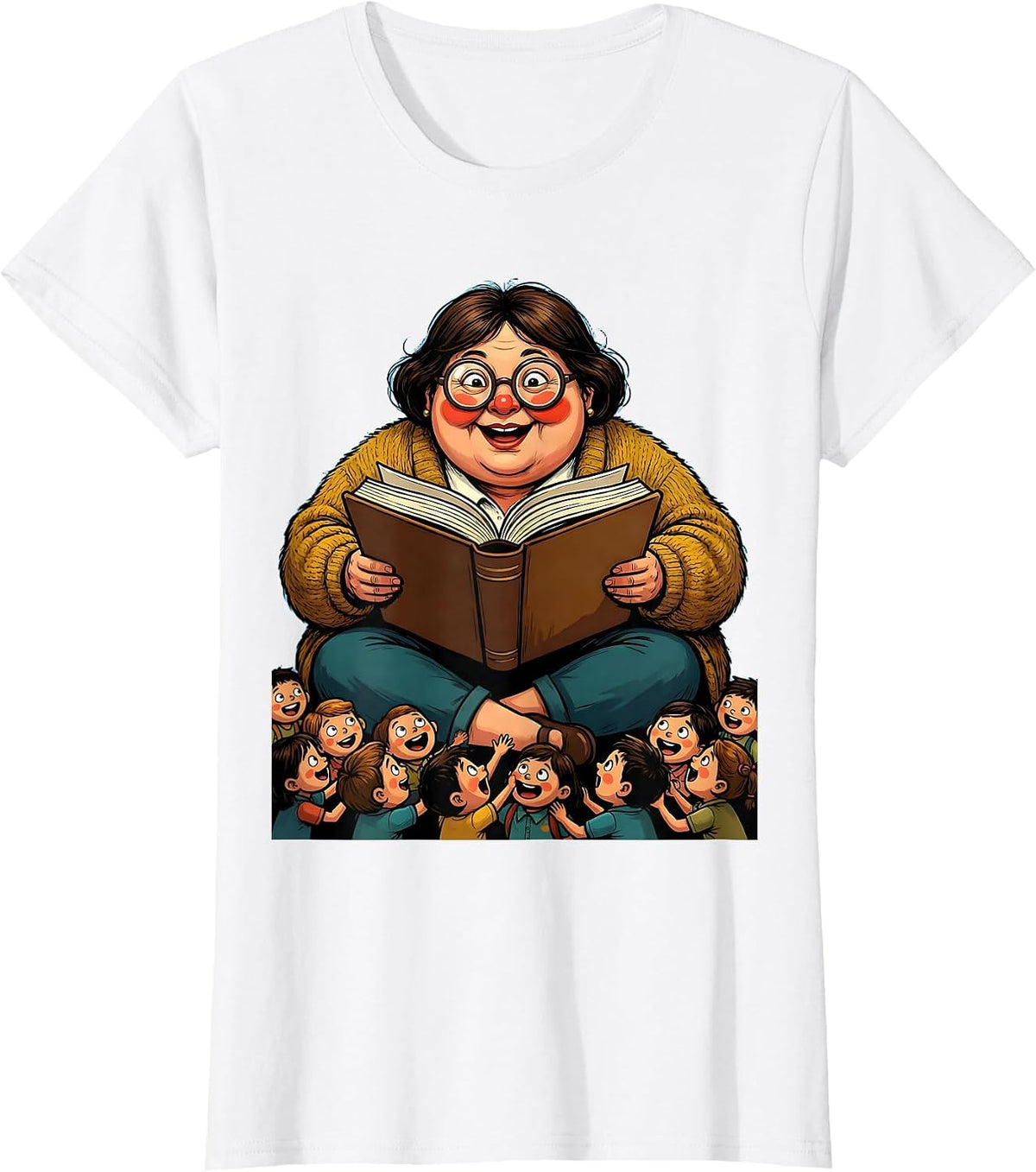 Cozy Teacher Reading Aloud to Tiny Students T-Shirt - White