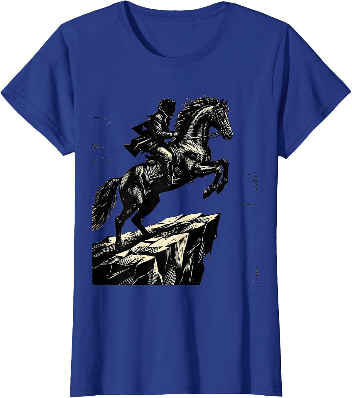 Women's Horse and Rider Silhouette Cliff Edge Design T-Shirt - Royal Blue