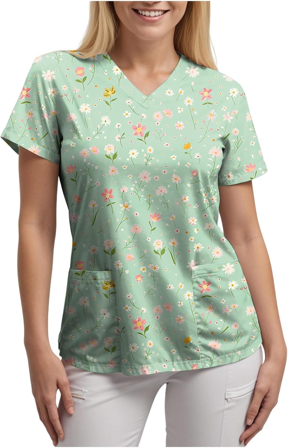 Print Scrub Tops Women Floral Scrubs V Neck Short Sleeve Stretch Nurse Uniform with Pockets Functional Workwear - E-green
