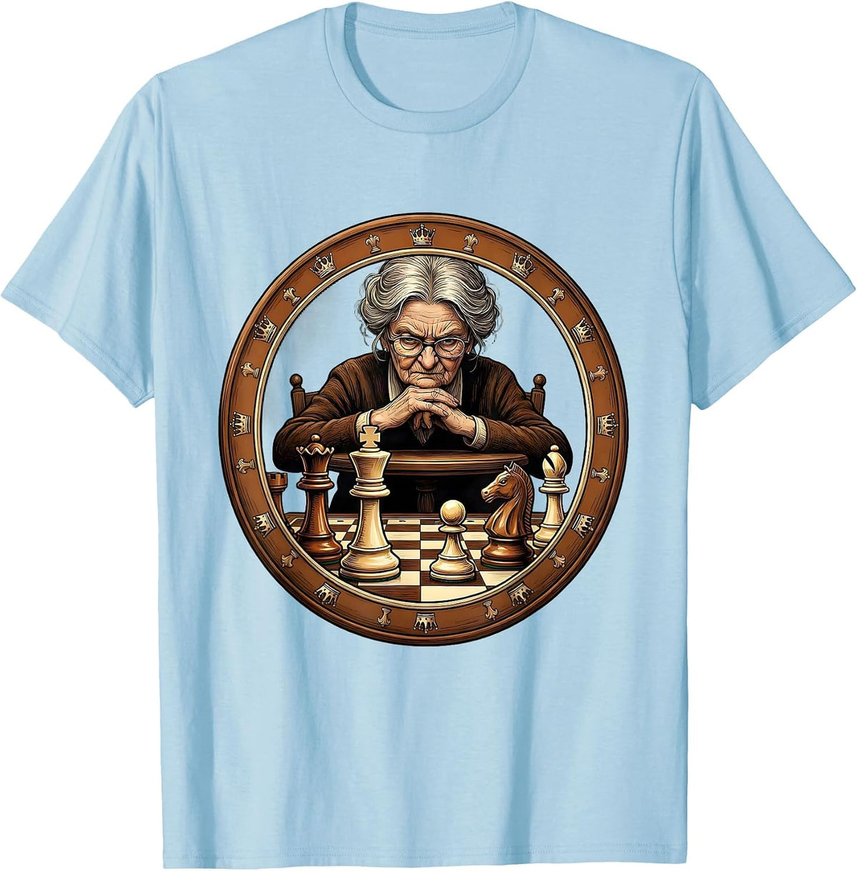 Men's Grandma Chess Player Intense Focus Illustration T-Shirt - Baby Blue