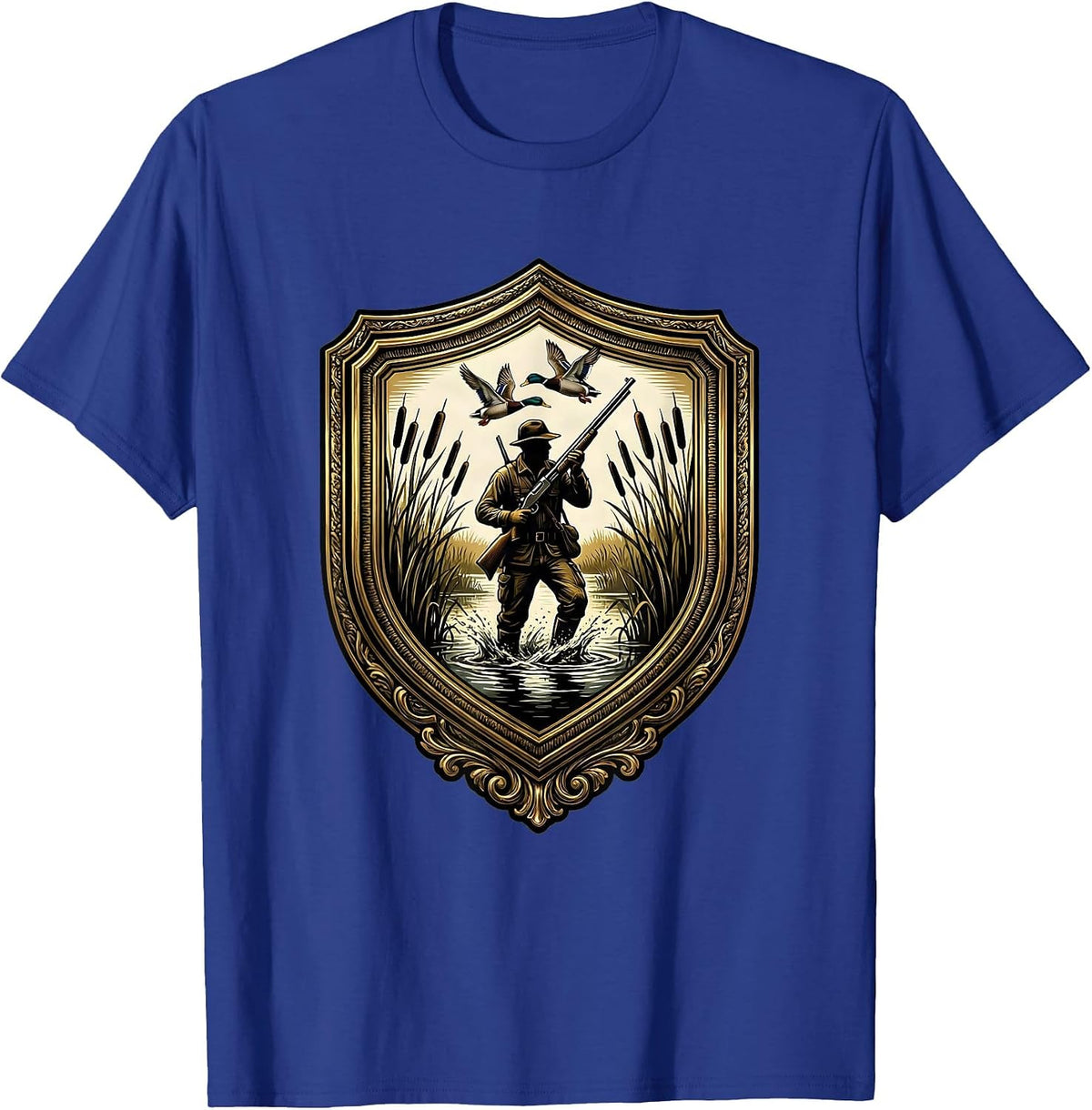 Camo Waterfowl Hunter Wading Through Marsh T-Shirt - Royal Blue