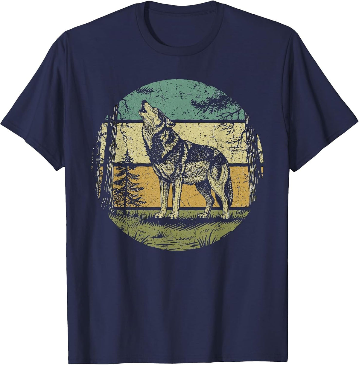 Retro Forest Wolf Outdoors Nature Women Men Vintage Graphic T-Shirt - Navy Blue