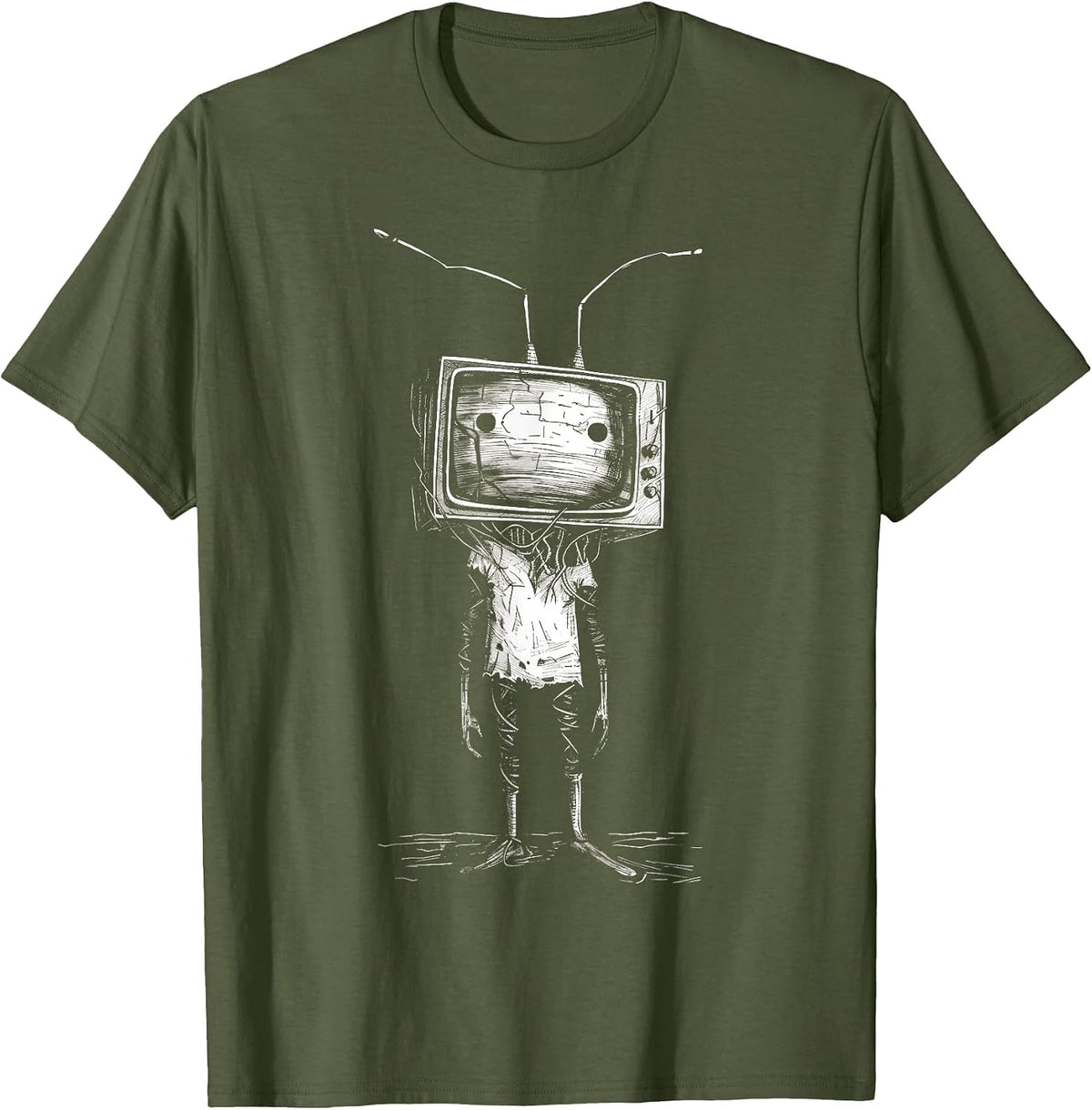 Weird Goth TV Head Art Grunge Alt Odd Strange Aesthetic T-Shirt - Olive Green