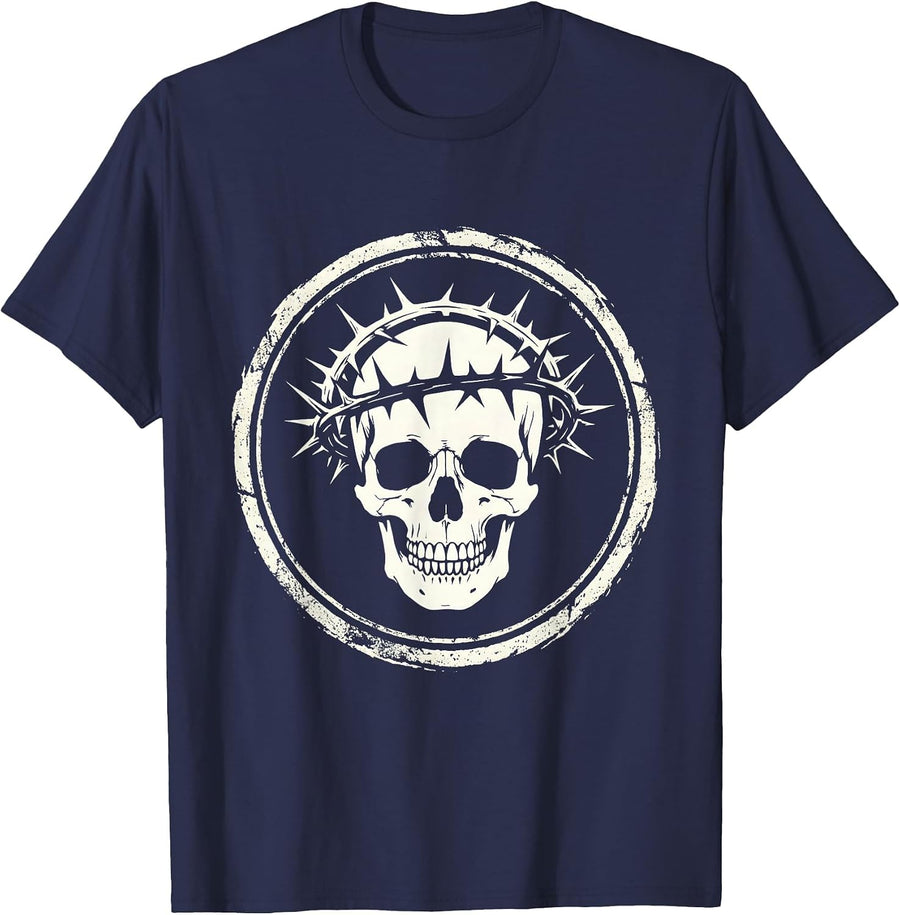 Grunge Skull Crown of Thorns Dark Art Design T-Shirt - Navy Blue
