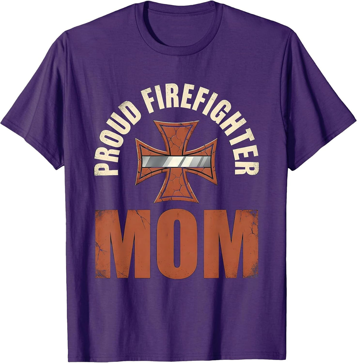 Men's Proud Firefighter Mom Distressed Thin Red Line Maltese Cross T-Shirt - Purple