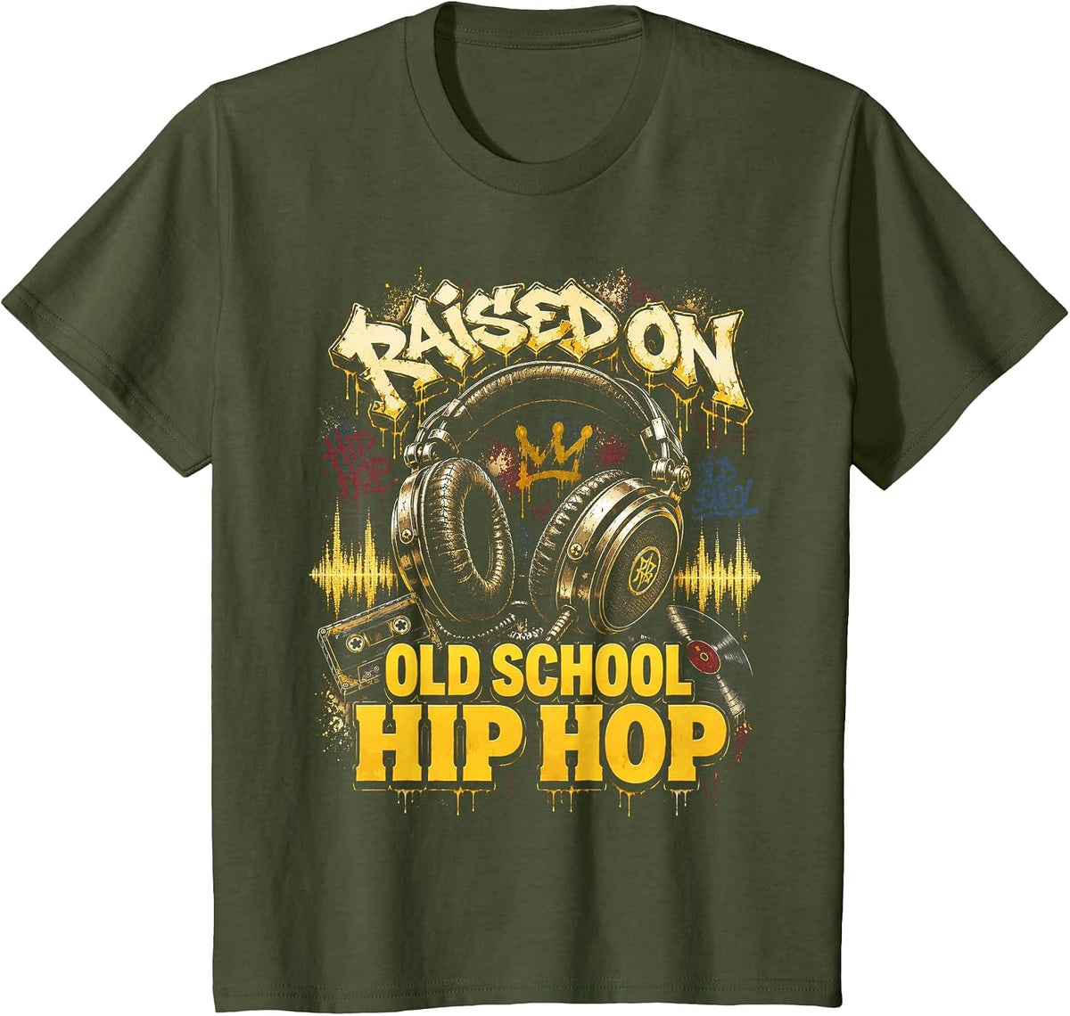 Raised On Old School Hip Hop Cassette Graffiti Rap T-Shirt, Youth, Olive Green, Large - As Pictured