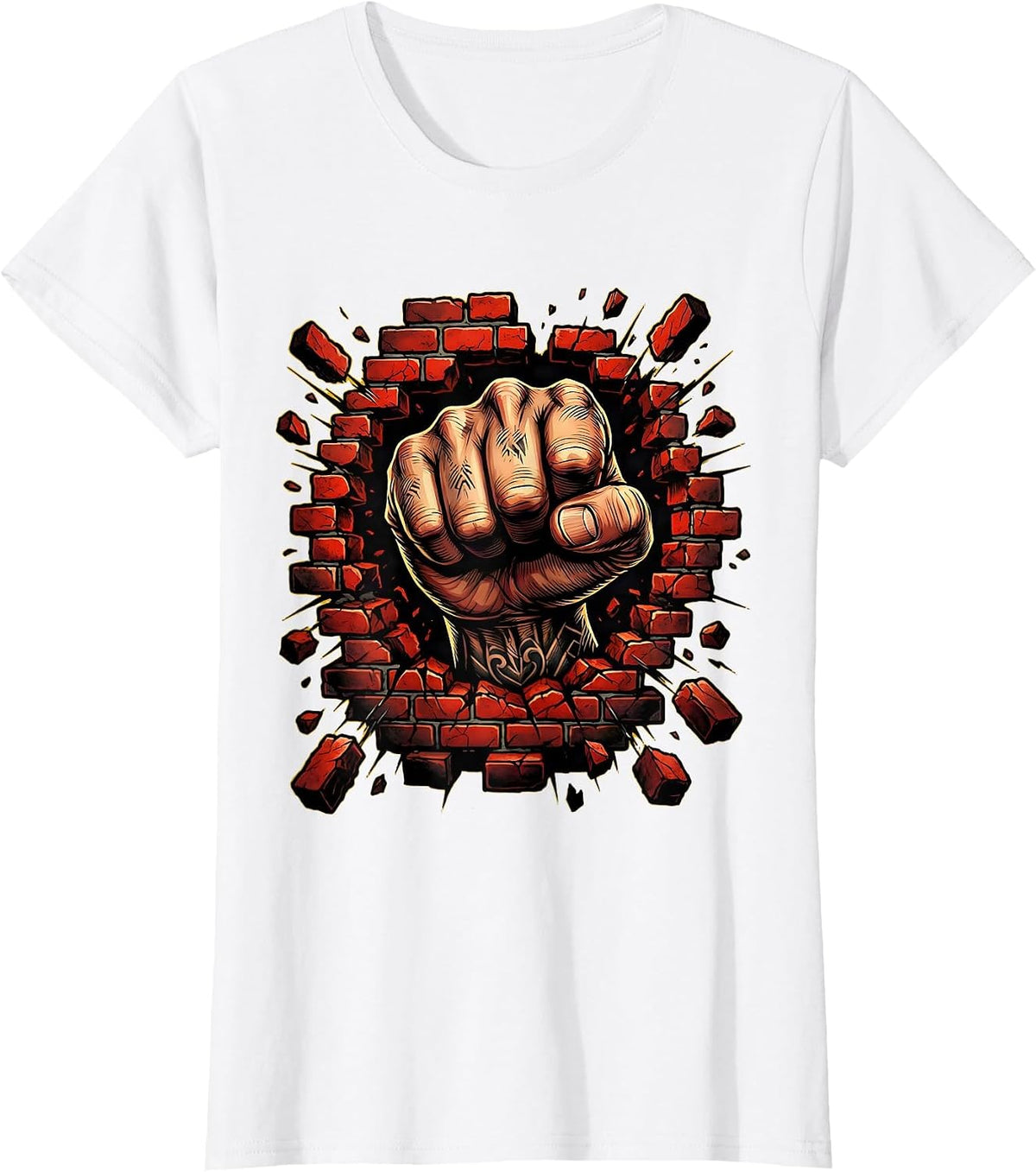 Punk Fist Through Brick Wall Graphic Design T-Shirt - White