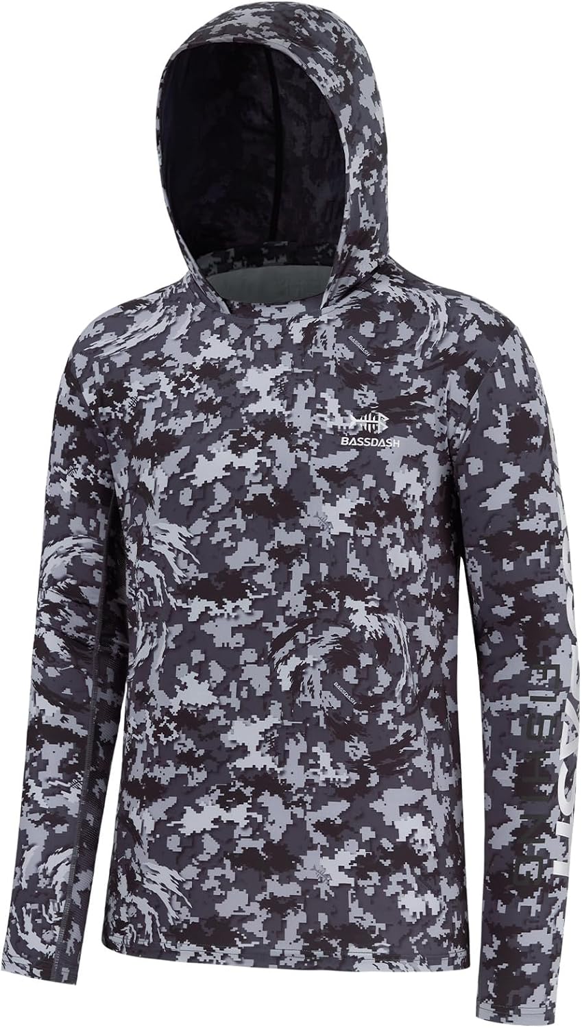BASSDASH Men’s UPF 50+ Performance Camo Hoodie Shirt Quick Dry Long Sleeve Outdoor Fishing Hiking Hooded Shirts FS50M -