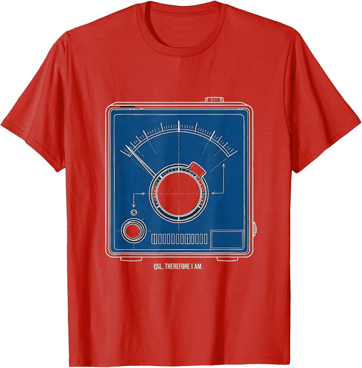Men's QSL Therefore I Am Technical Blueprint Ham Radio Operator T-Shirt - Red