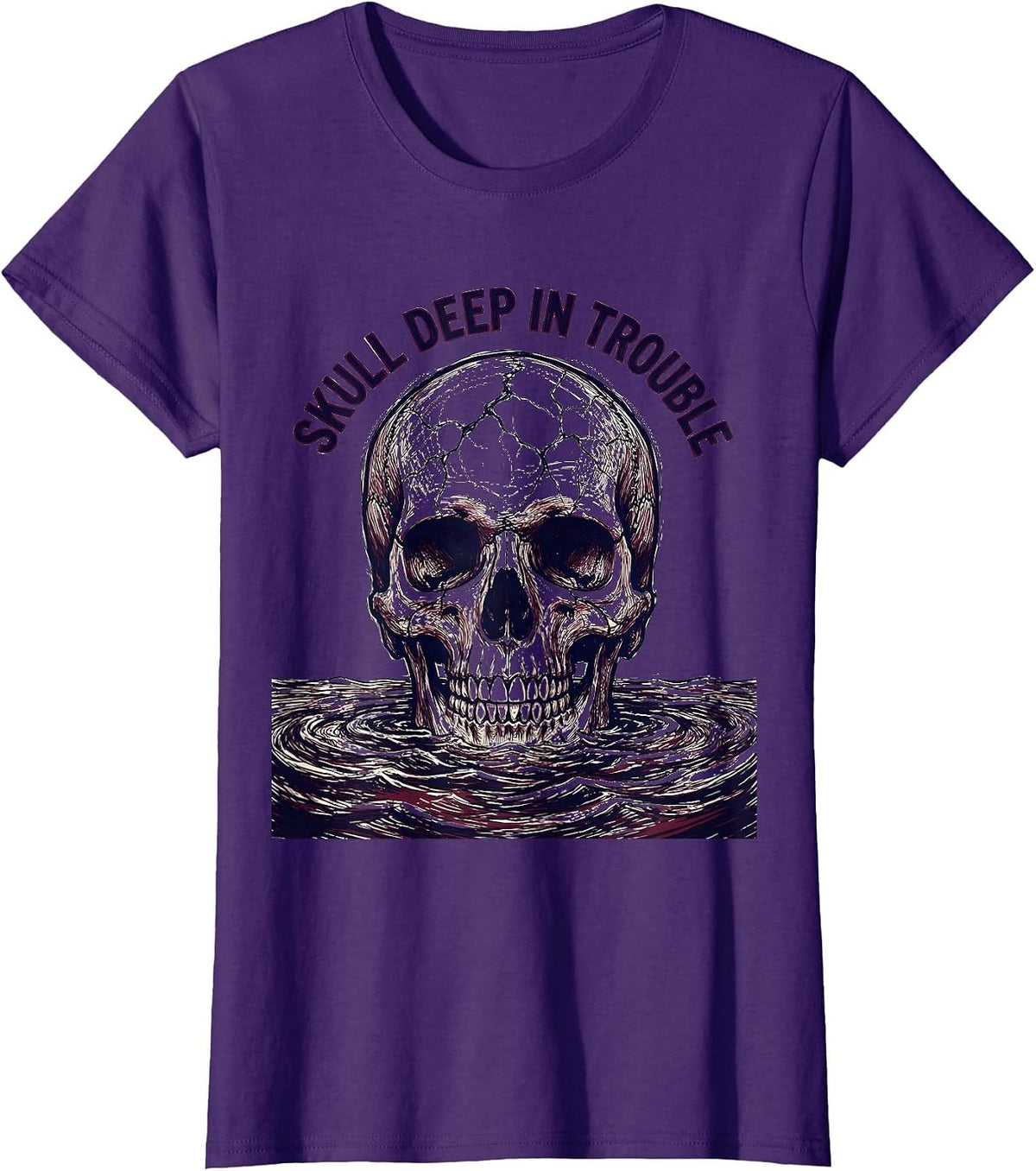 Women's Skull Deep In Trouble Bold Graphic Design T-Shirt - Purple