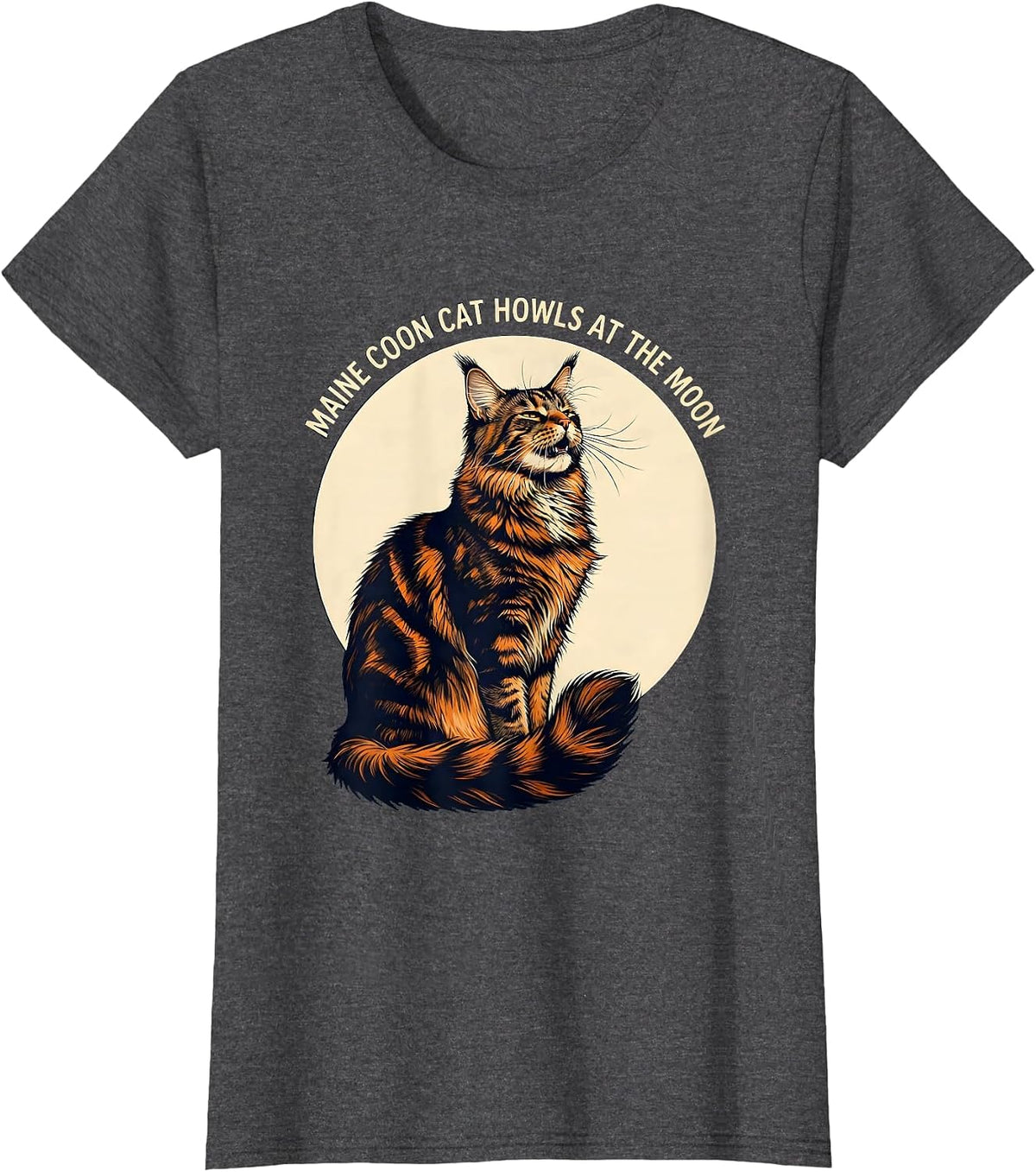 Women's Maine Coon Cat Howls at the Moon Funny Retro Novelty T-Shirt - Dark Heather Grey