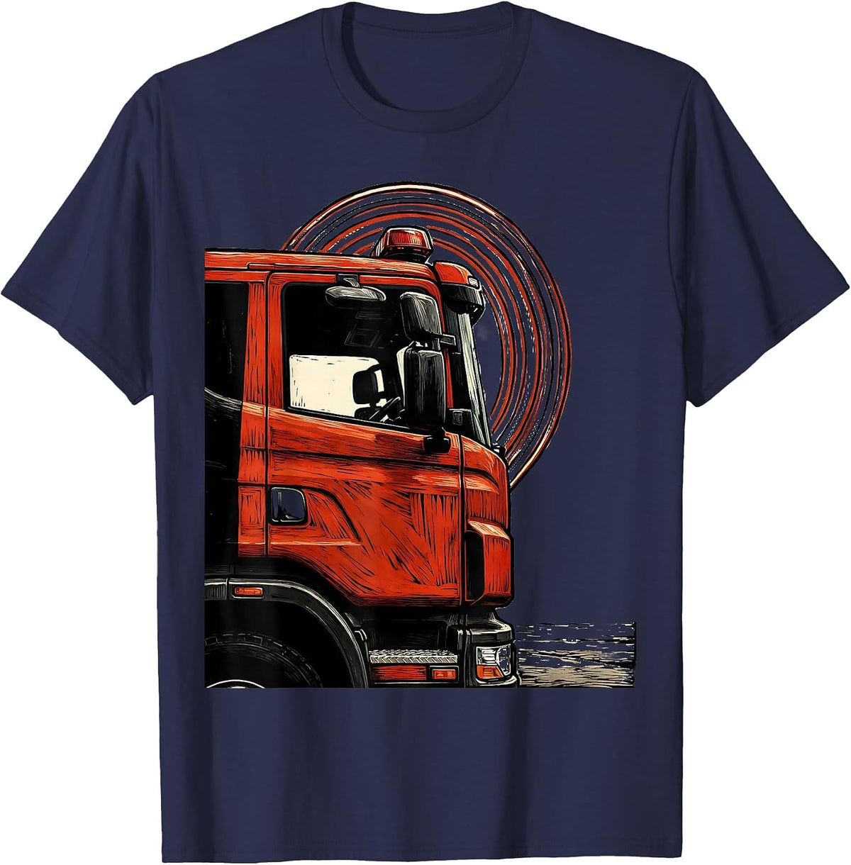 Men's Fire Truck Cab Linocut Funny Firefighter Gift T-Shirt - Navy Blue