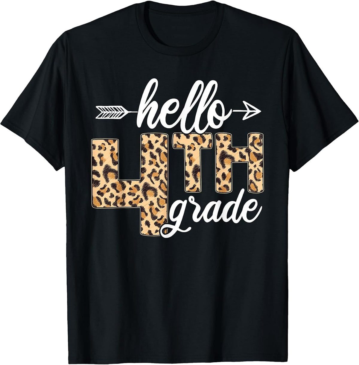 Hello 4th Fourth Grade Leopard Back to School Teacher Kid T-Shirt - Black