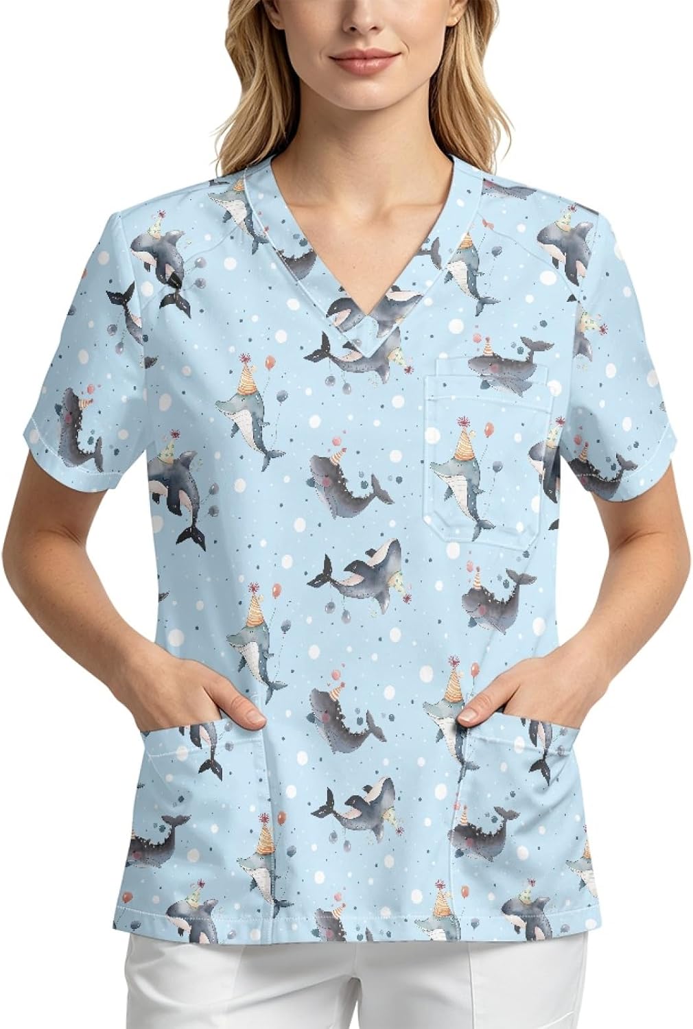 Medical Scrub Tops for Women V-Neck Scrub Tops with 4 Pockets - Hat-wearing Dolphin Print