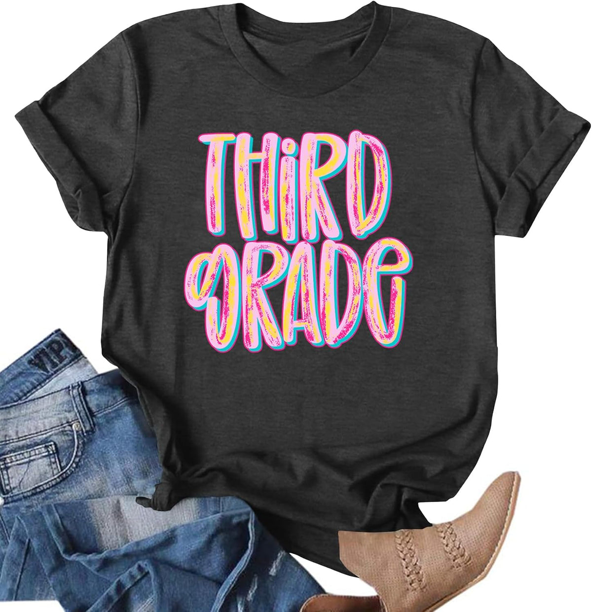 First Grade Shirt for Women Teacher Back to School Tee Colorful First Day of School Top Rainbow Graphic T-Shirt - Third-grey