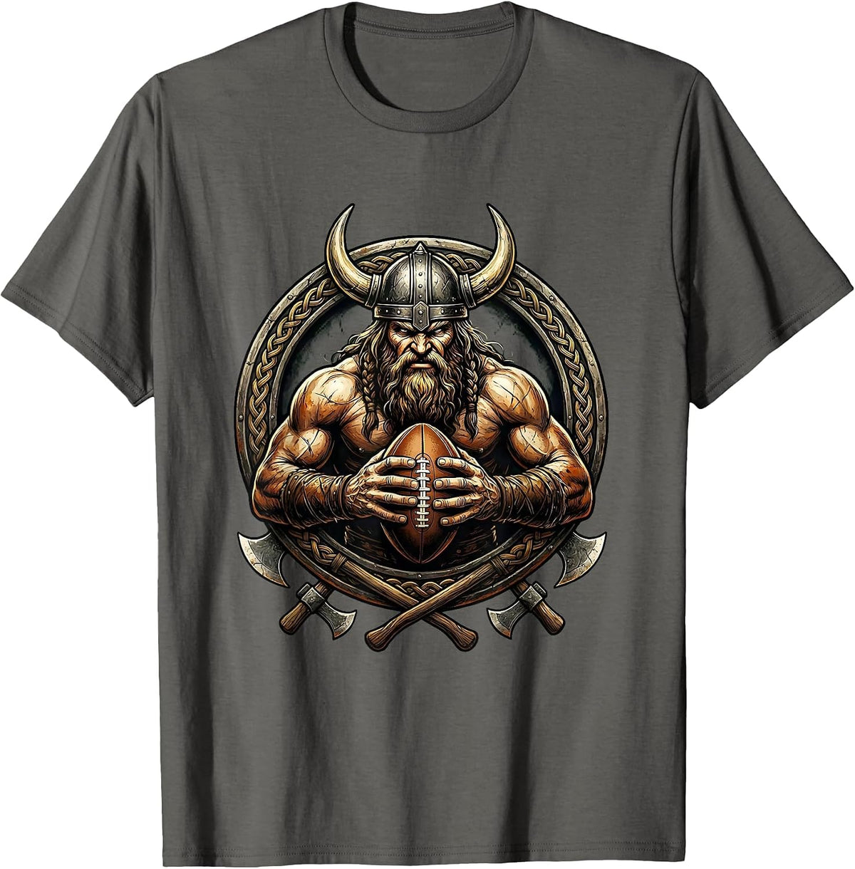 Viking Warrior Rugby Ball Graphic Design T-Shirt - Asphalt Grey