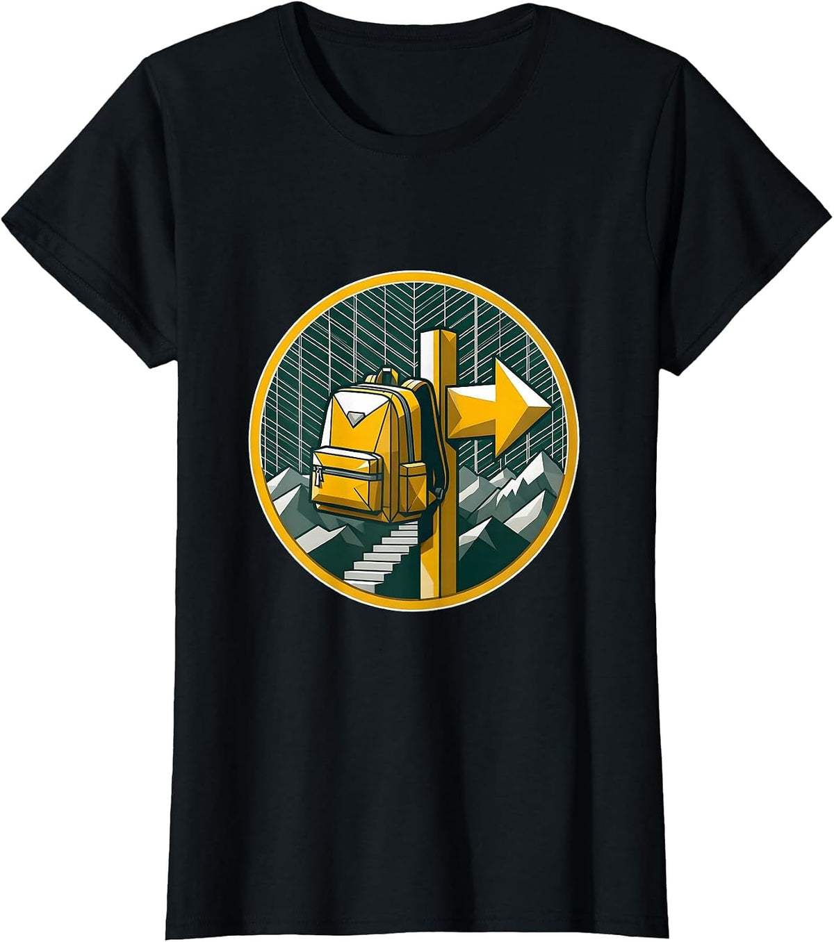 Hiking Backpack Trail Signpost Illustration T-Shirt - Black