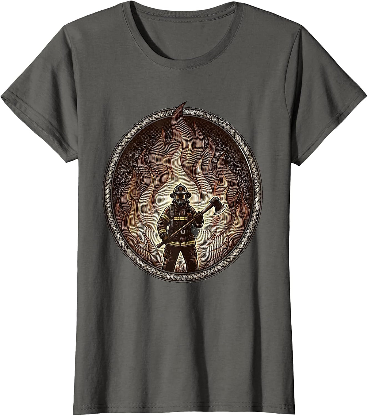 Women's Firefighter Silhouette Against Wall of Flames T-Shirt - Asphalt Grey