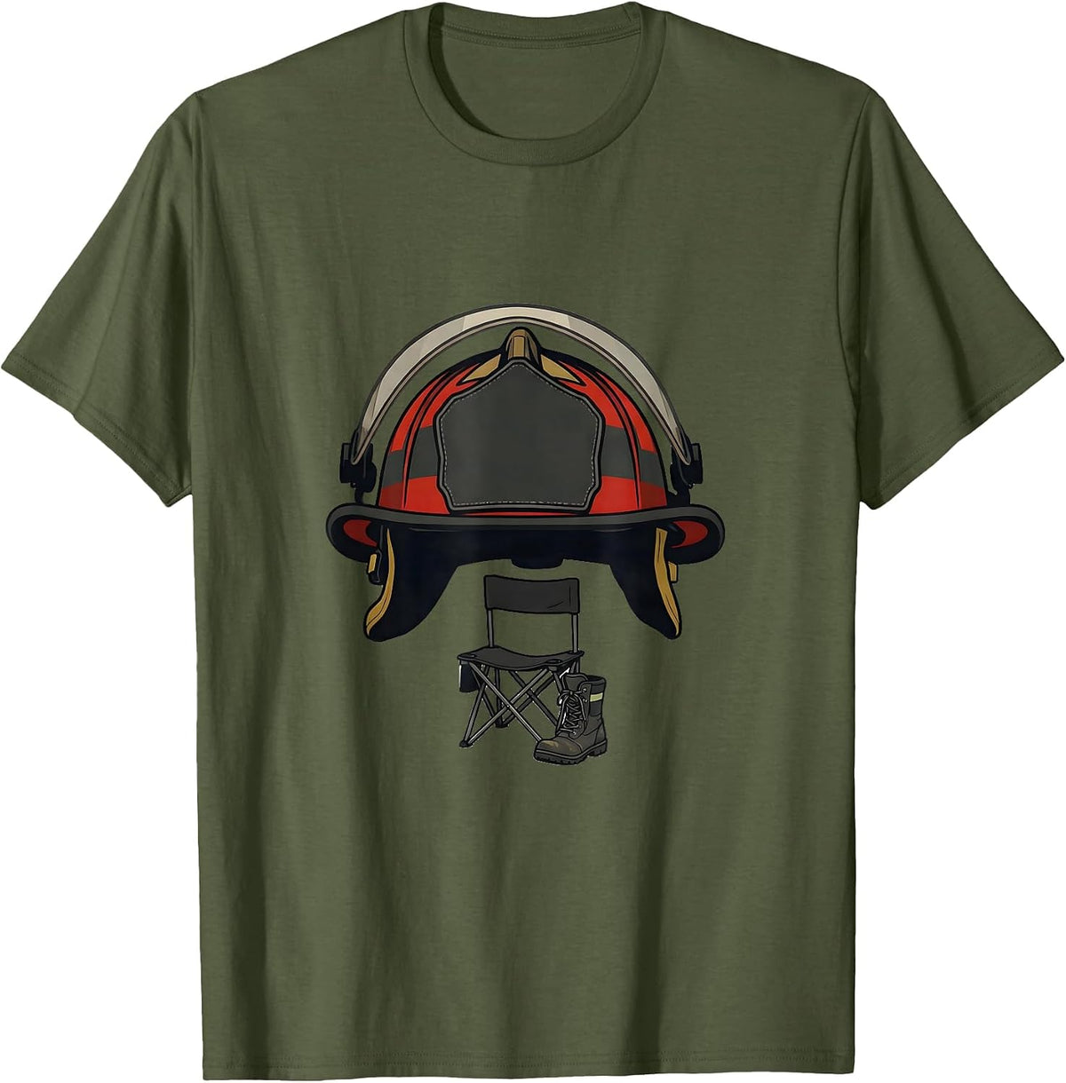 Men's Oversized Firefighter Helmet Minimalist Fireman Humor T-Shirt - Olive Green