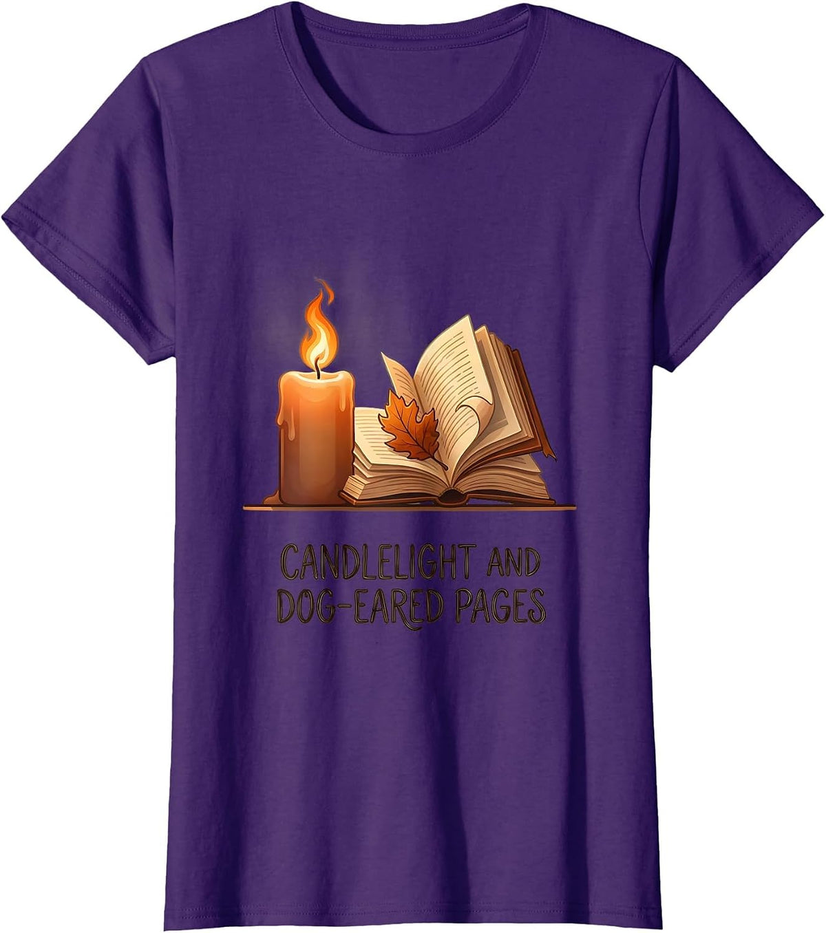 Candlelight And Dog-Eared Pages Cozy Fall Reading Teacher T-Shirt - Purple