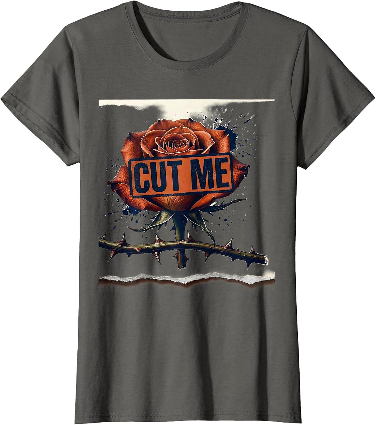 Women's Cut Me Pink Rose Rubber Stamp Gothic Floral Graphic T-Shirt - Asphalt Grey