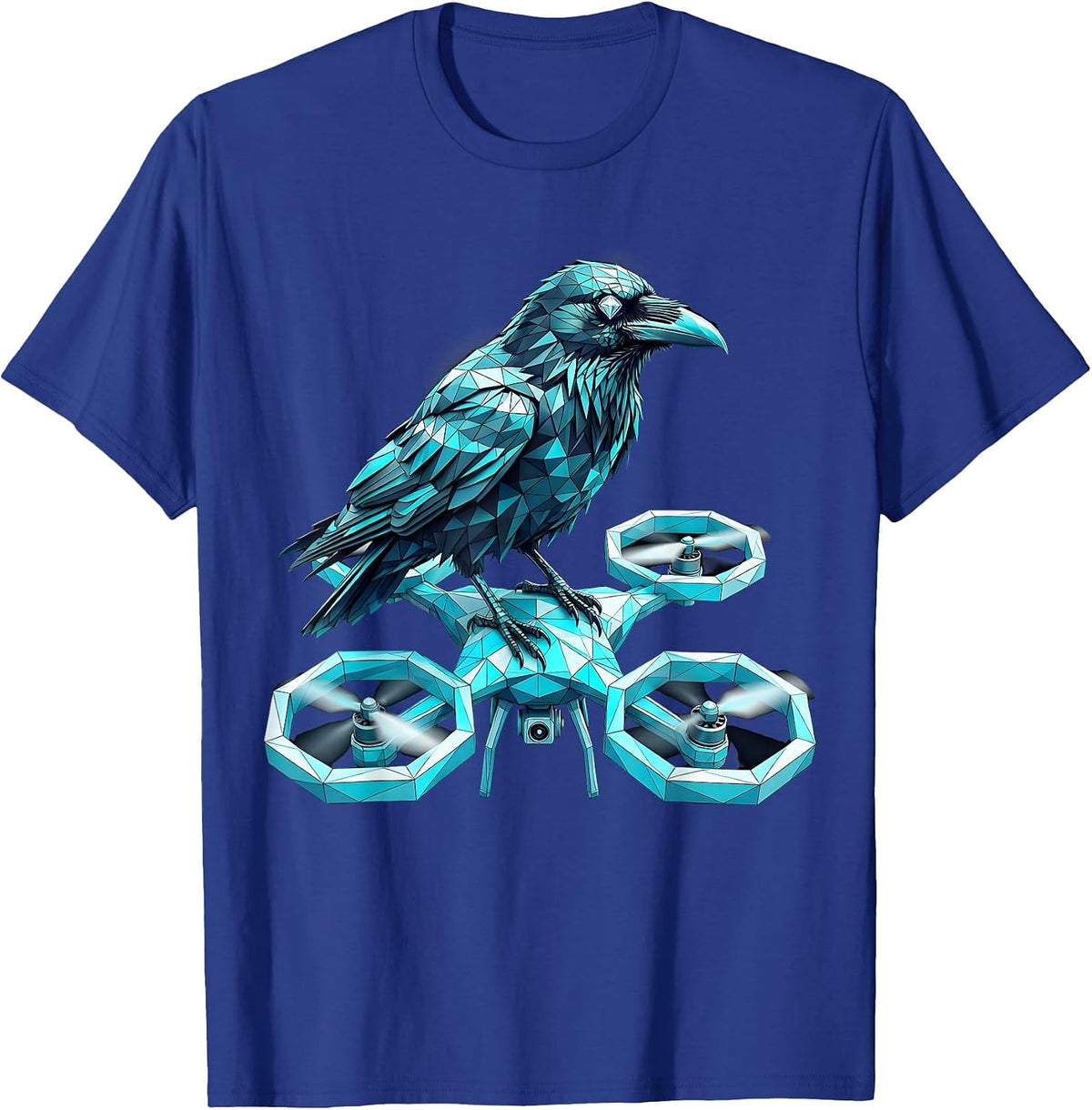 Crow on Surveillance Drone Cyberpunk Art T-Shirt - Royal Blue