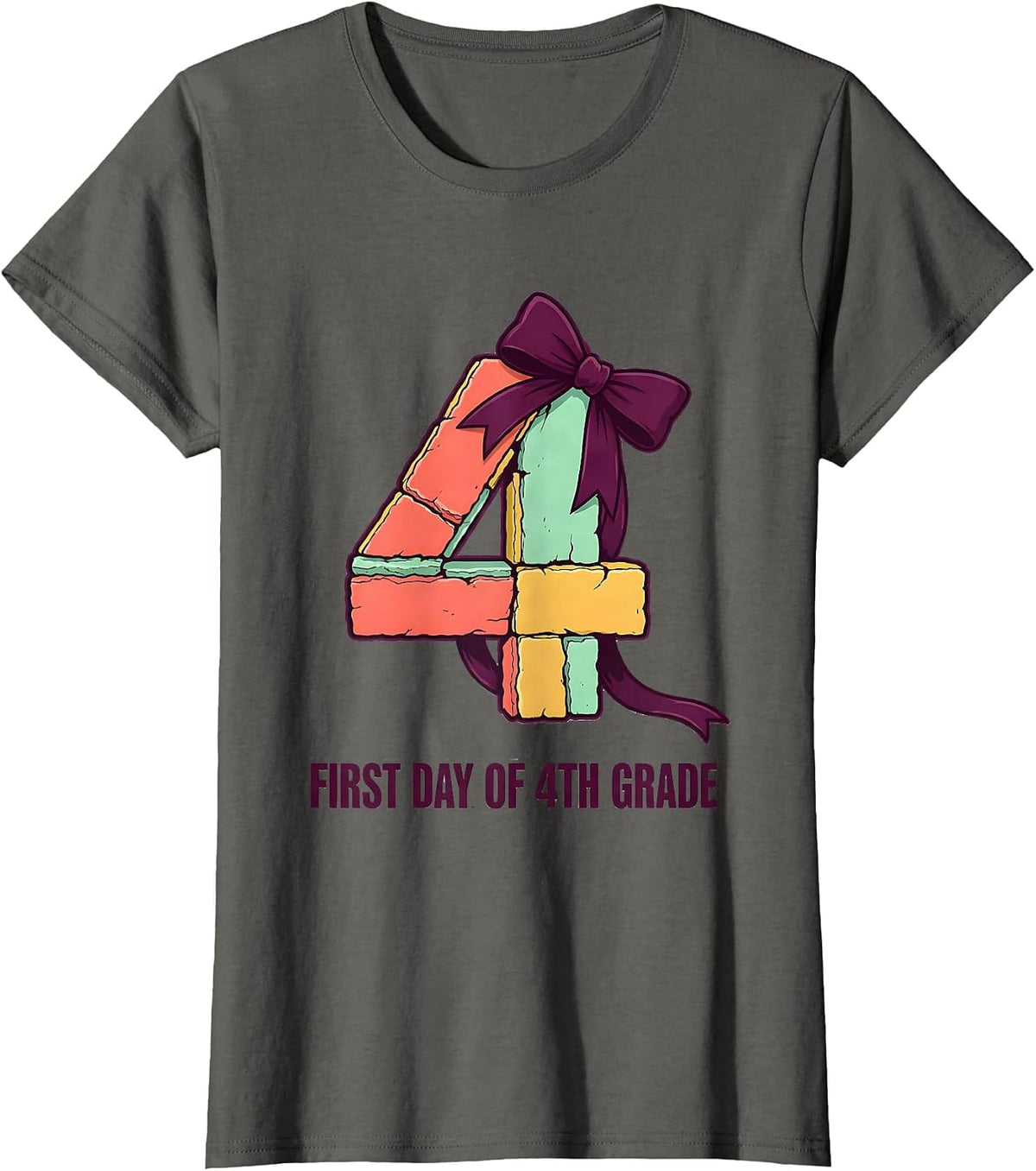 Women's First Day Of 4th Grade Cute Coquette Bow Back To School T-Shirt - Asphalt Grey