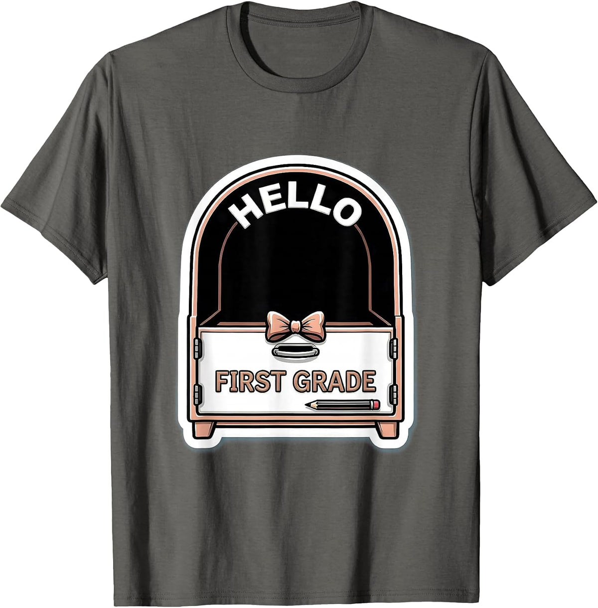 Men's Hello First Grade Cute Coquette Bow Pencil Back to School T-Shirt - Asphalt Grey