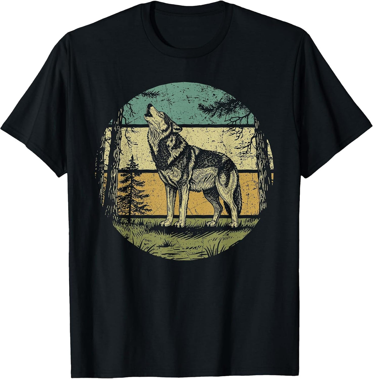 Retro Forest Wolf Outdoors Nature Women Men Vintage Graphic T-Shirt - Black