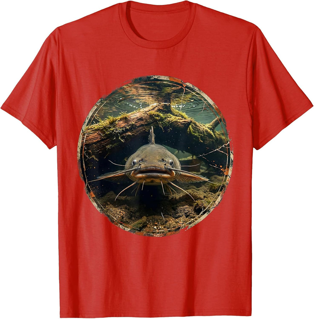 Men's Catfish Under Sunken Log Fishing Graphic T-Shirt - Red