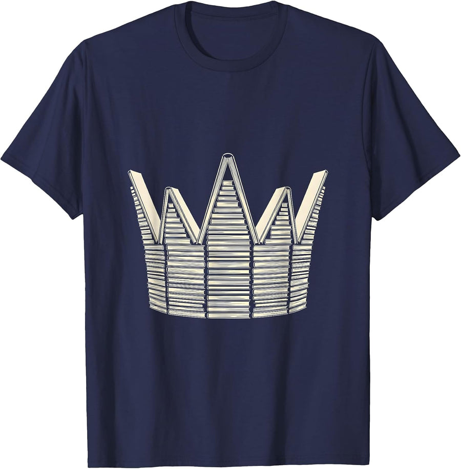 Reading Teacher Crown of Books Illustration T-Shirt - Navy Blue