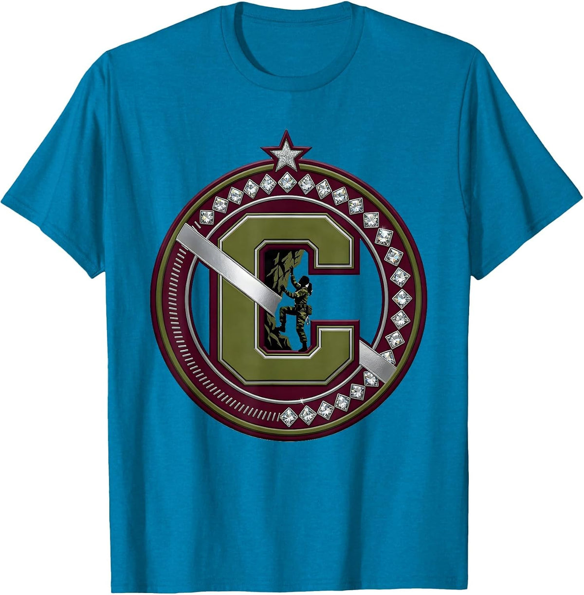 Camo Rock Climber Illustration Graphic Tee T-Shirt - Sapphire Blue
