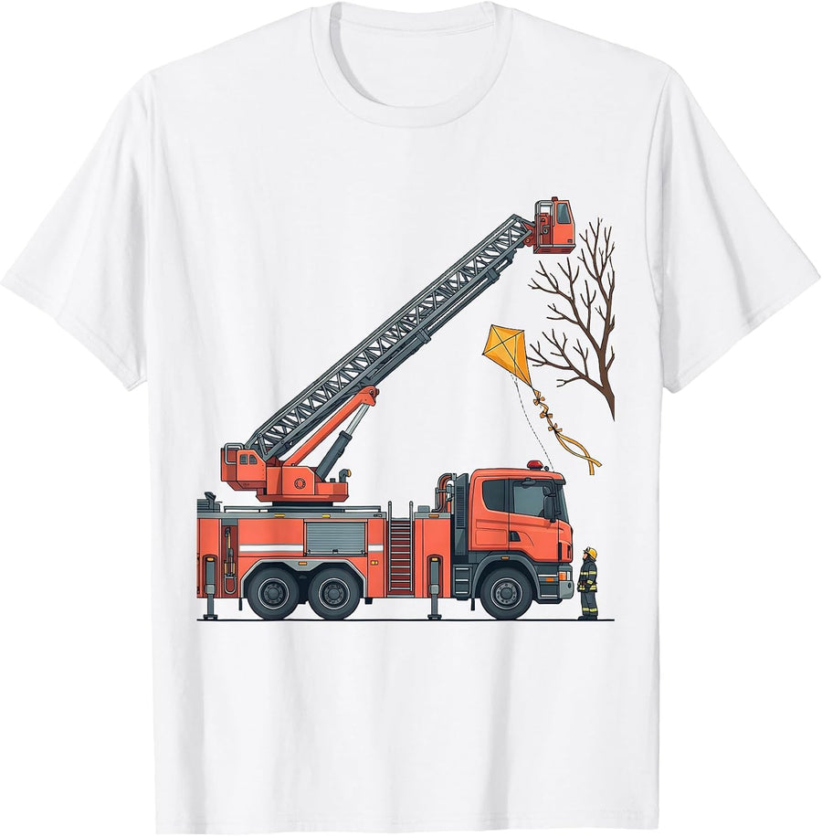 Fire Engine Ladder Rescue Flat Vector Firefighter Humor T-Shirt - White