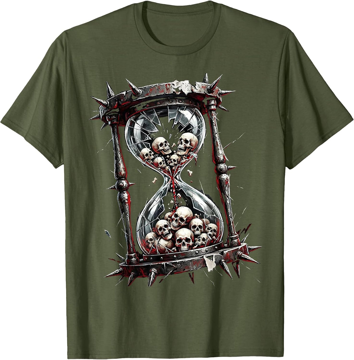 Rock Skull Hourglass Graphic Tee T-Shirt - Olive Green