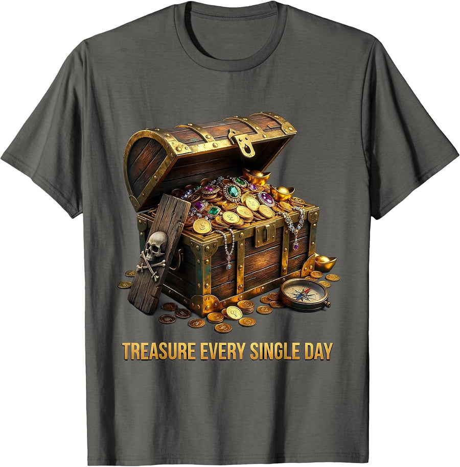 Treasure Every Single Day Pirate Graphic Design T-Shirt - Asphalt Grey