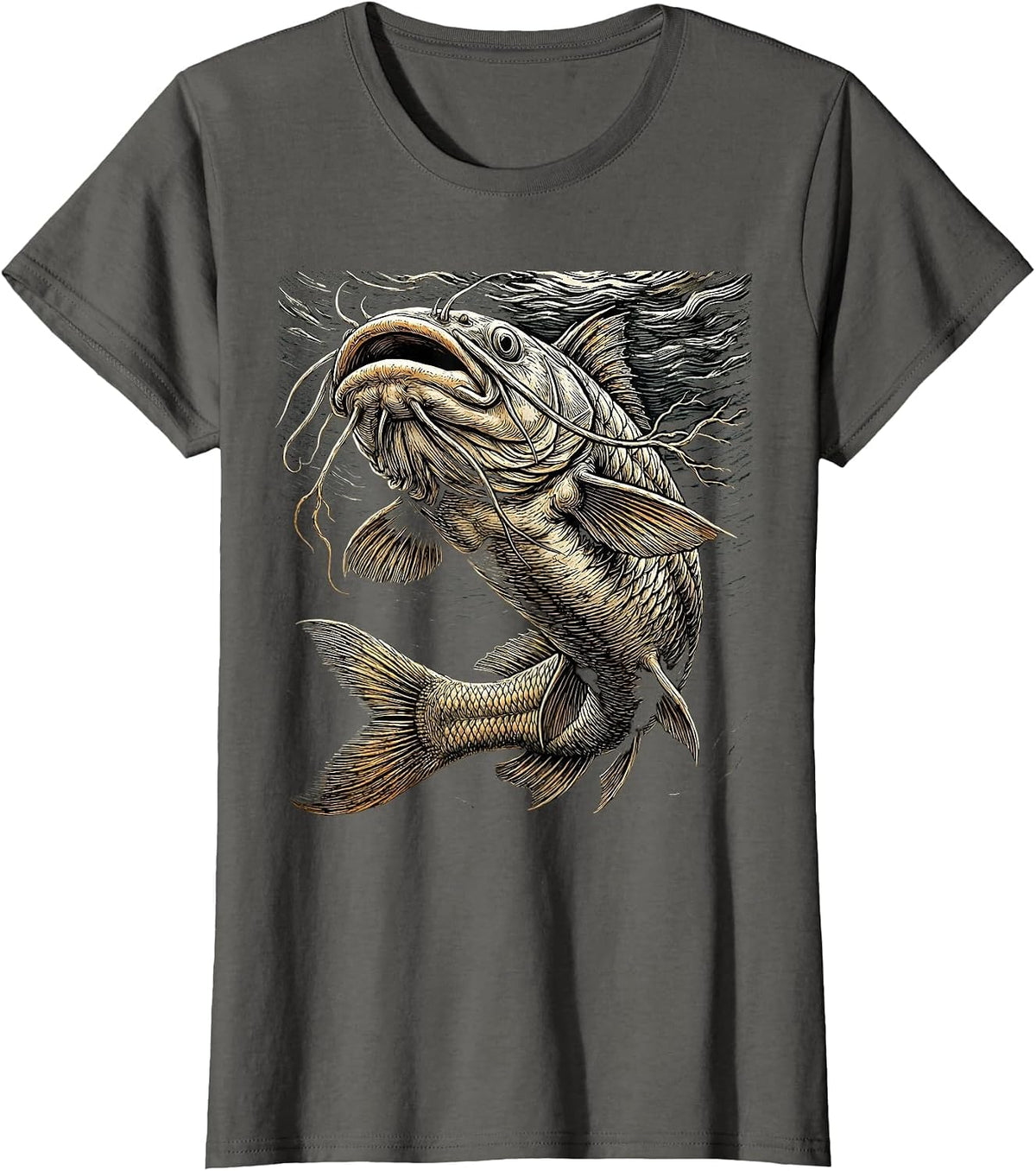 Women's Catfish Dark Depths Lurking Giant Fishing Graphic T-Shirt - Asphalt Grey