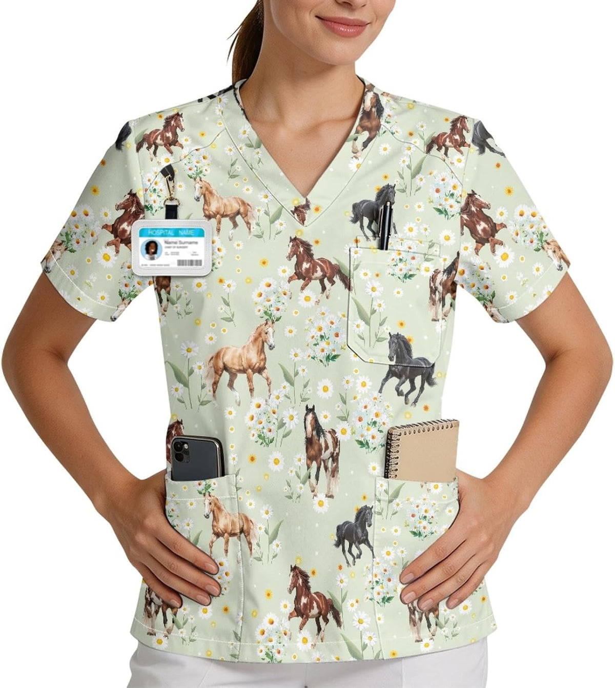 V-Neck Printed Soft Scrub Tops with 3 Pocket for Women, Size S-5XL - Horse Daisy