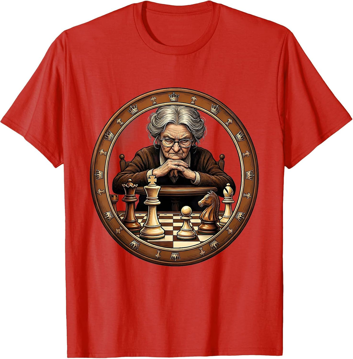 Men's Grandma Chess Player Intense Focus Illustration T-Shirt - Red