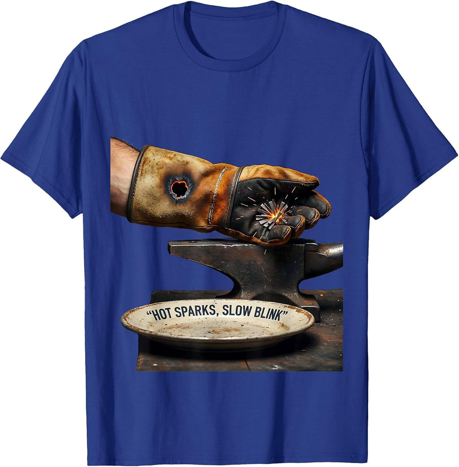 Hot Sparks Slow Blink Vintage Welder Trade Humor Metal T-Shirt - Royal Blue