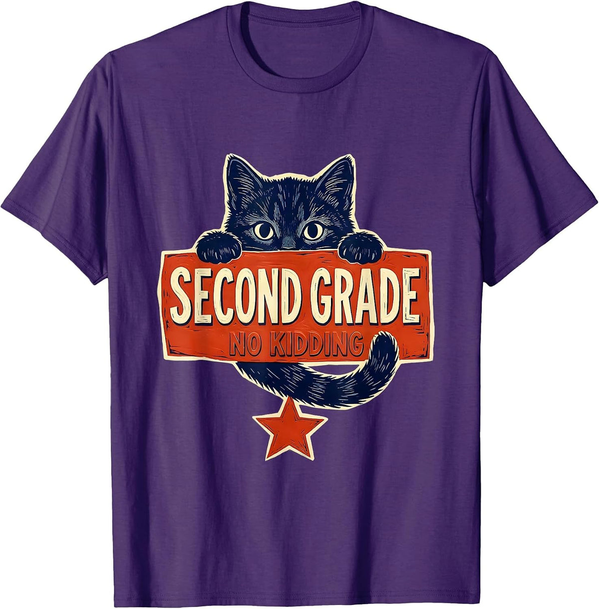 Men's Second Grade No Kidding Linocut Kitten Back To School Girls T-Shirt - Purple