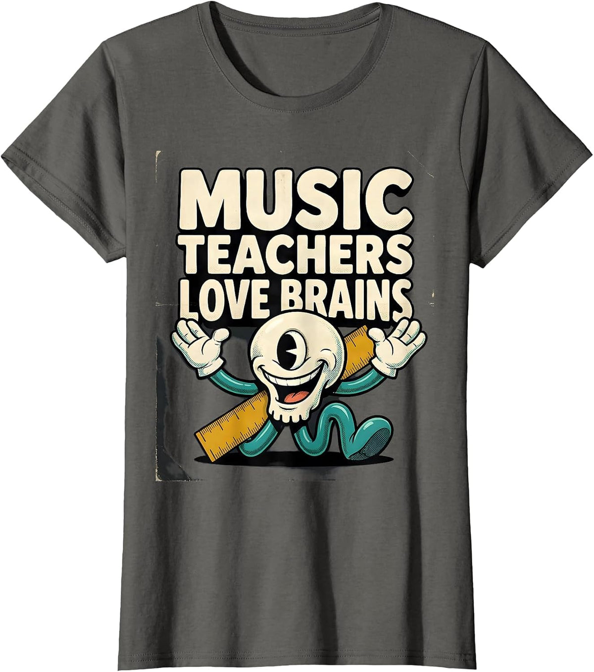 Women's Music Teachers Love Brains Retro Cartoon Teacher Halloween T-Shirt - Asphalt Grey