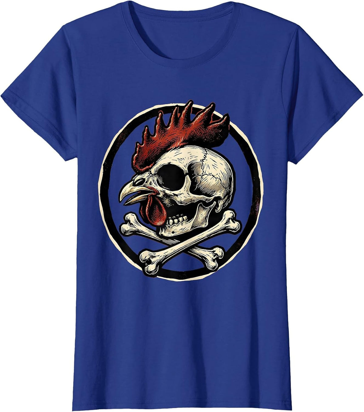 Women's Rooster Skull Crossed Drumsticks Dark Art Design T-Shirt - Royal Blue