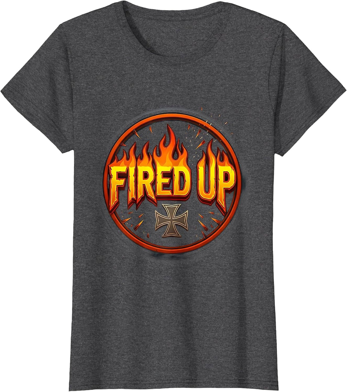 Women's Fired Up Gritty Flame Badge Firefighter Humor Occupation T-Shirt - Dark Heather Grey