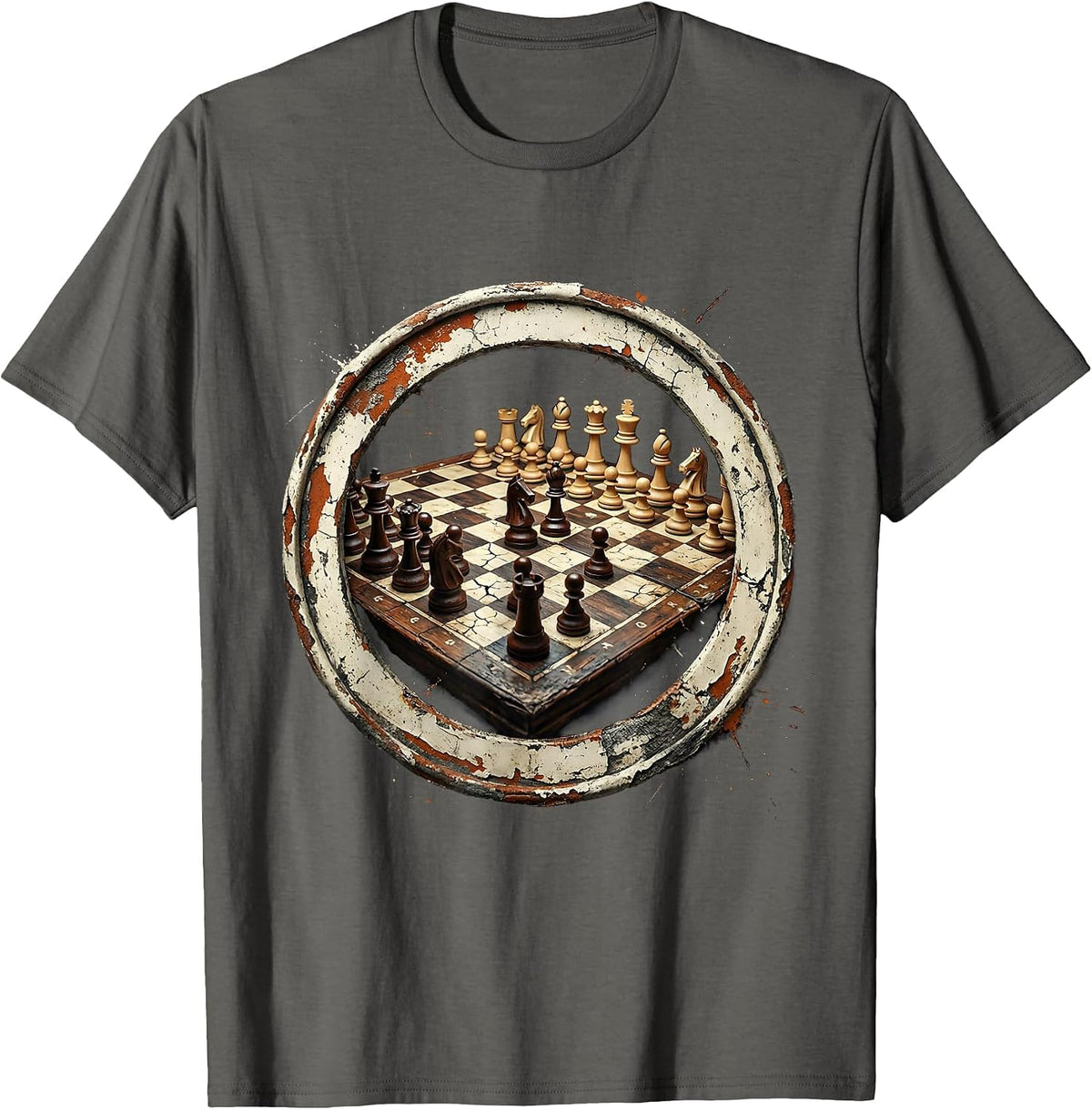 Retired Chess Player Mid-Game Board Illustration T-Shirt - Asphalt Grey