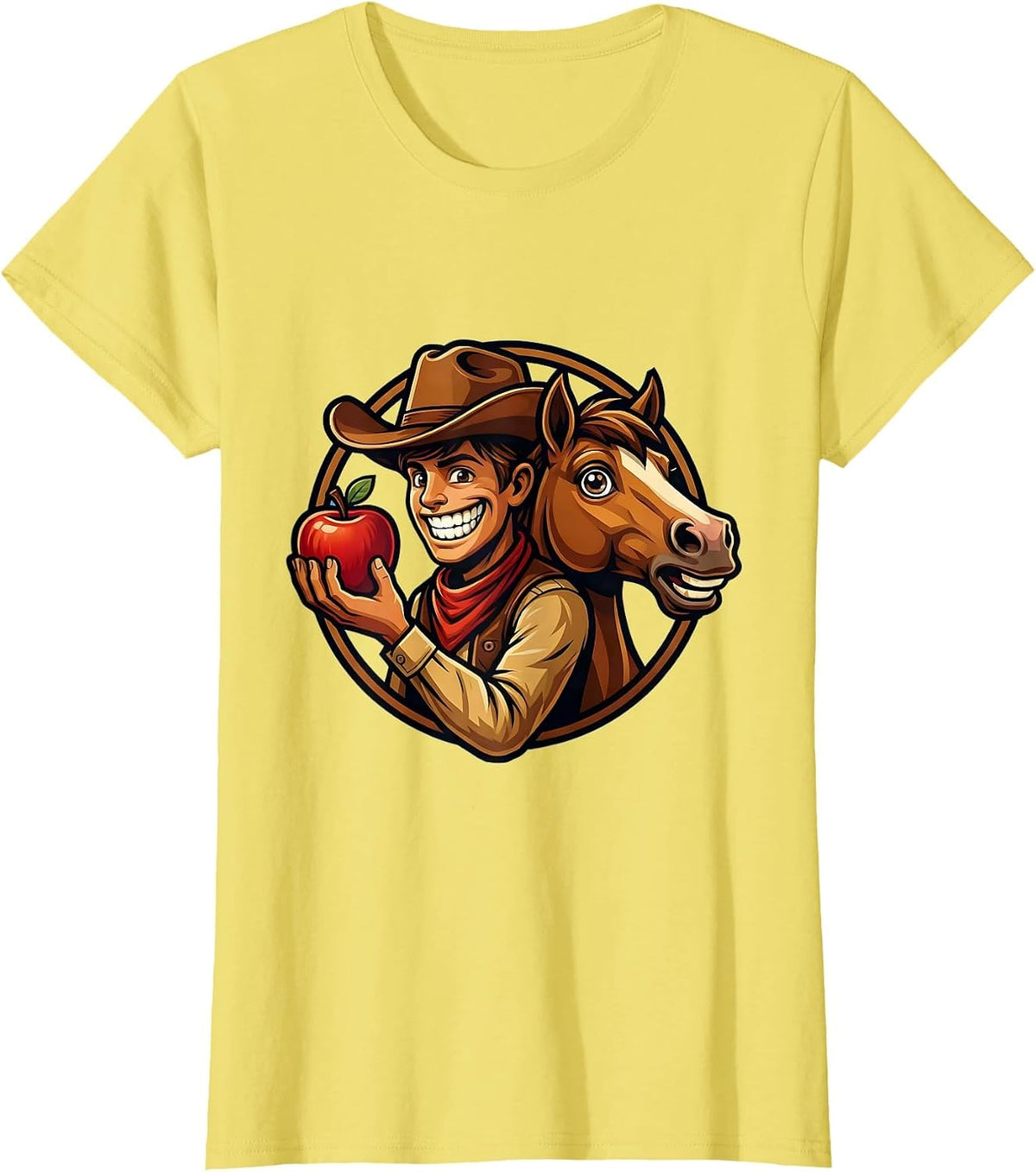 Women's Young Cowboy Feeding Apple to Horse Illustration T-Shirt - Lemon Yellow