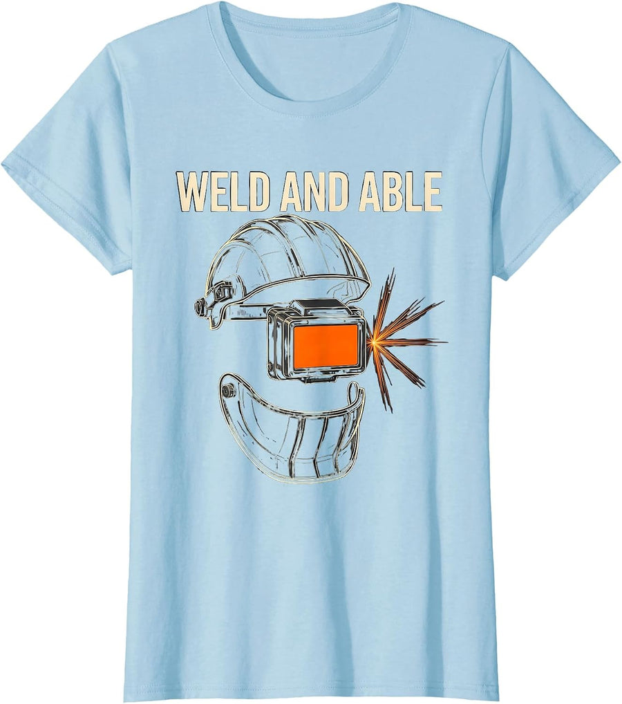 Women's Weld And Able Exploded Welding Helmet Technical Humor Welder T-Shirt - Baby Blue