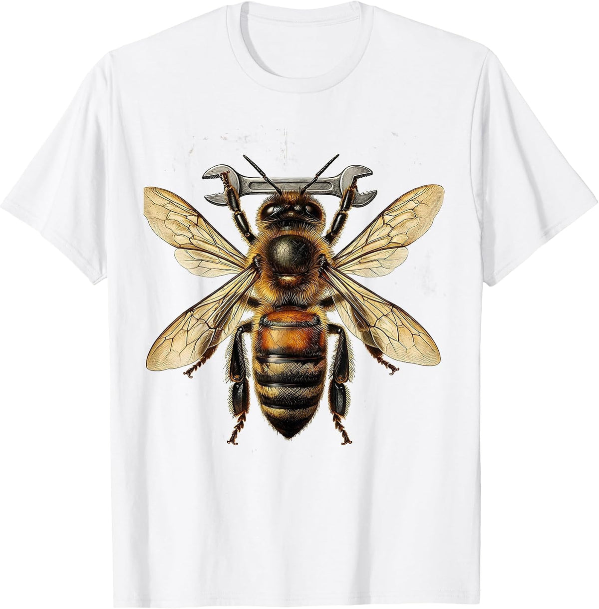Men's Bee Mechanic Holding Wrench Funny Bug Art T-Shirt - White